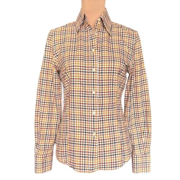 VTG ETRO Shirt Sz.6 Cream Brown Houndstooth Academia Career Italian Old Money - Picture 1 of 14